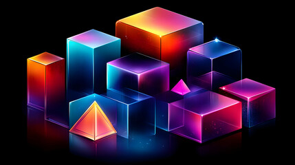 Canvas Print - Colorful geometric shapes with glowing effects on a dark background.