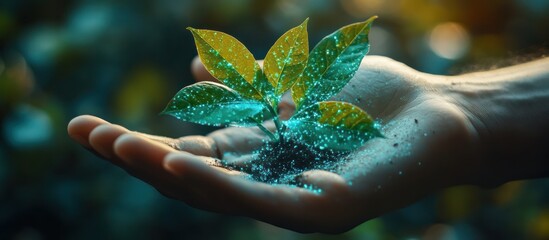 Poster - Hand holding a small green plant with soil, glowing blue light and water droplets.