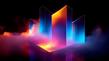 Poster - Abstract geometric shapes illuminated with vibrant colors and fog.