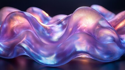 Fototapete - A wave-shaped art piece in vibrant colors appears to glow softly against a dark background, creating an enchanting and dreamy atmosphere, showcasing intricate details.