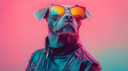 Poster - A stylish dog wearing sunglasses and a leather jacket in vibrant colors.