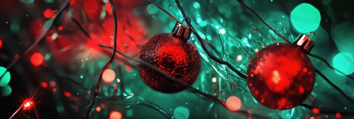 Fototapete - Vibrant red ornaments glimmer against a backdrop of shimmering lights, capturing the joyful spirit of the holiday season. Generative AI