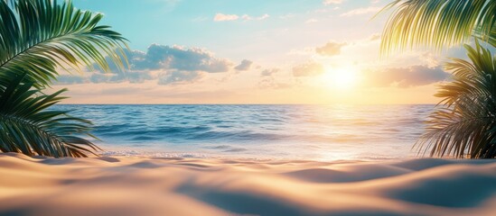 Canvas Print - Idyllic tropical beach scene with golden sand, crystal clear turquoise water, and palm trees framing a vibrant sunset.