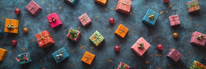 Aufkleber - A variety of small, colorful gift boxes in differing sizes are creatively arranged on a textured blue background, ideal for festive occasions. Generative AI