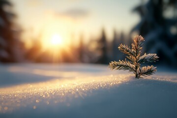 Poster - A small pine tree is standing in the snow on a hillside