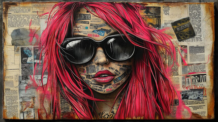 A red-haired punk rock woman wearing sunglasses, covered in street art graffiti and stickers with text on her face, comic book art, iconic album covers, gothic illustration