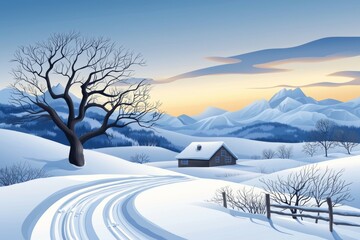 Poster - A snowy landscape with a house and a tree