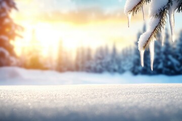 Poster - A snowy landscape with a tree branch covered in ice