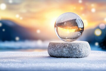 Canvas Print - A glass ball is sitting on a rock in the snow