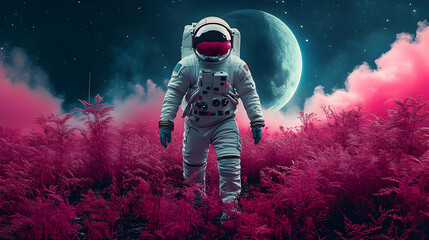 Poster - Astronaut exploring a vibrant alien landscape under a moonlit sky.