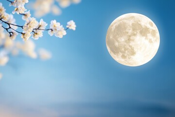 Wall Mural - a large moon is shining brightly in the sky above a field of white flowers