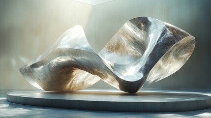 Poster - An innovative abstract sculpture captures attention with its smooth curves and reflective surfaces, illuminated by soft natural light in an elegant gallery setting.