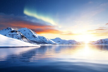 Wall Mural - A beautiful sunset over a lake with mountains in the background