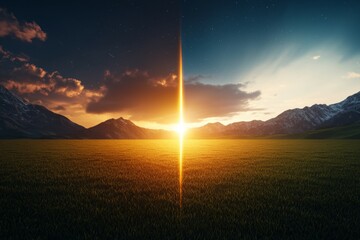 Canvas Print - A field of grass with a sun shining through a cross