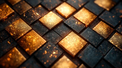 Poster - A close-up view showcases an arrangement of textured black tiles interspersed with shimmering gold accents, creating a vivid contrast ideal for contemporary spaces.