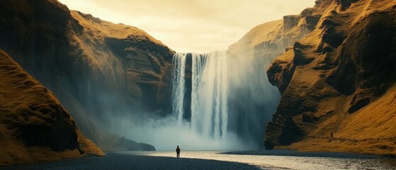 Cinematic shot of a massive waterfall in Iceland with water spray creating a film grain effect, featuring a person standing at the base in a canyon.