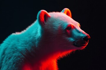 Mystic portrait of baby Polar Bear in studio, copy space on right side, Headshot, Close-up View, isolated on black background