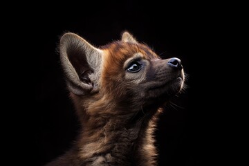 Mystic portrait of baby Spotted Hyena in studio, copy space on right side, Headshot, Close-up View, isolated on black background