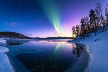 Sticker - A beautiful lake with a purple aurora in the sky