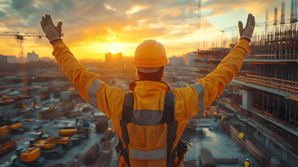 Poster - Worker celebrating a sunset at a construction site.