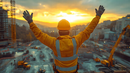 Poster - Worker celebrating at sunset on a construction site.