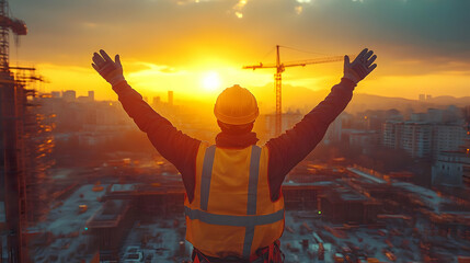 Poster - Construction worker celebrating at sunset with arms raised.