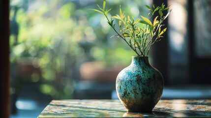 Green leaves in a ceramic vase on a sunlit table