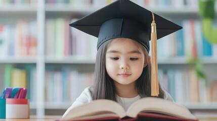 Emotional funny child in academician clothes with book