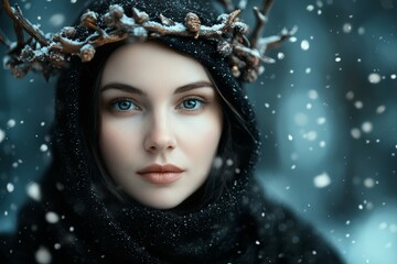 Canvas Print - A woman wearing a black hooded cloak and a crown of twigs