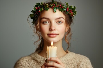 Poster - A woman is holding a candle and wearing a wreath