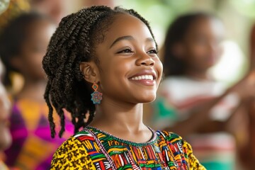 Sticker - A young girl with dreadlocks is smiling and wearing a colorful outfit