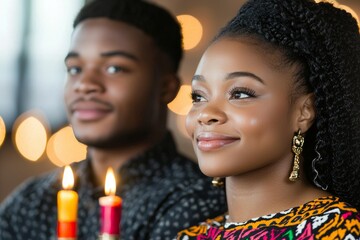 Canvas Print - A man and a woman are sitting next to each other, both smiling