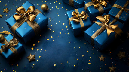 Poster - A festive arrangement of blue gifts with gold accents and decorations.