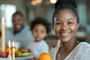 Poster - A woman is smiling and holding a plate of fruit