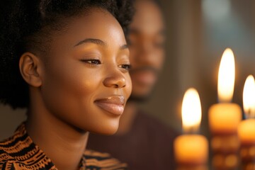 Poster - A woman with a smile on her face is looking at a man with candles in front of he