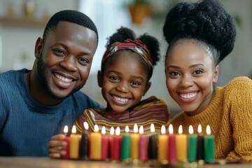 Poster - A family of three, a man, a woman and a child, are smiling