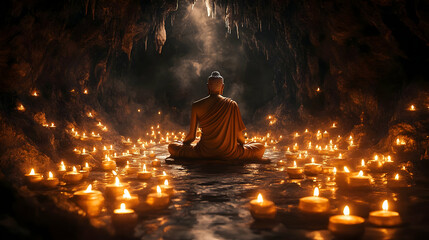 Sticker - Serene meditation scene with candles in a cave.