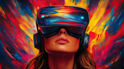 Poster - A woman experiences virtual reality with vibrant colors around her.