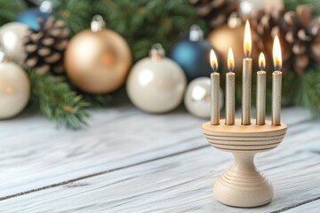 Sticker - A candle holder with four candles sits on a wooden table