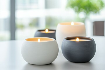 Poster - A table with four candles in different colored glass containers