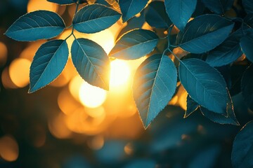 Wall Mural - Silhouetted Green Leaves Against a Blurred Golden Sunset Background