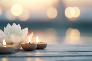 Poster - A white lotus flower is surrounded by three candles