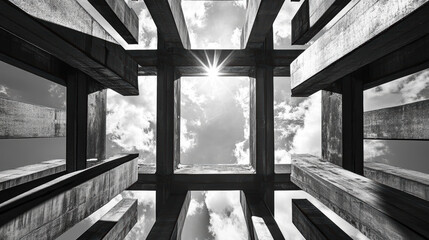 Captivating view of square steel beams creating depth and perspective, with sunlight casting