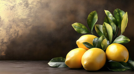 Sticker - Fresh Lemons with Leaves on a Rustic Background