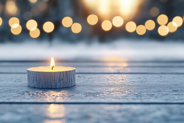 Poster - A candle is lit on a wooden table