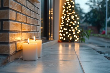 Poster - Three candles are lit on a sidewalk in front of a brick building