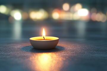 Canvas Print - A candle is lit in a small bowl on a table