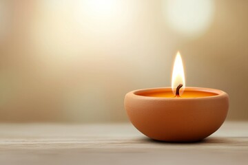 Poster - A candle is lit in a small bowl on a wooden table