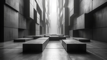 Leinwandbilder - A minimalist corridor features large concrete blocks arranged on the floor, illuminated by soft grey light streaming from above, creating a serene atmosphere.