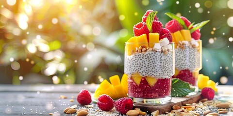 Wall Mural - Two glass jars of chia pudding with mango, raspberries, and granola on a wooden surface with almonds and leaves in the background.